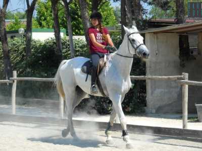 Una ragazza, che indossa un casco protettivo e gli stivali, si prepara all'allenamento a cavallo